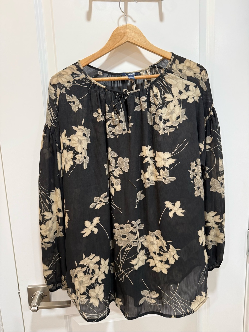 Chaps Whimsigoth Floral Peasant Blouse Black Cream Boho Sheer Tie Neck Top Large